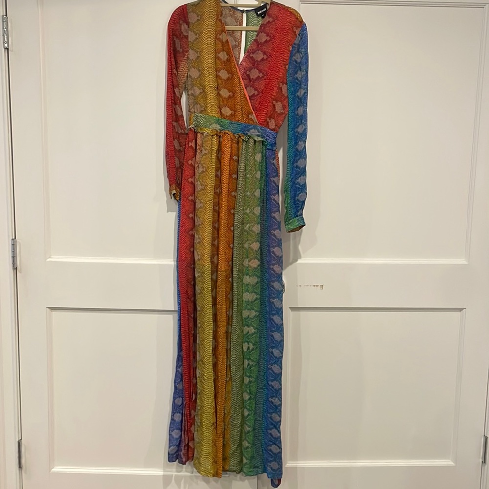 Just Cavalli rainbow, long sleeve, sheer maxi dress